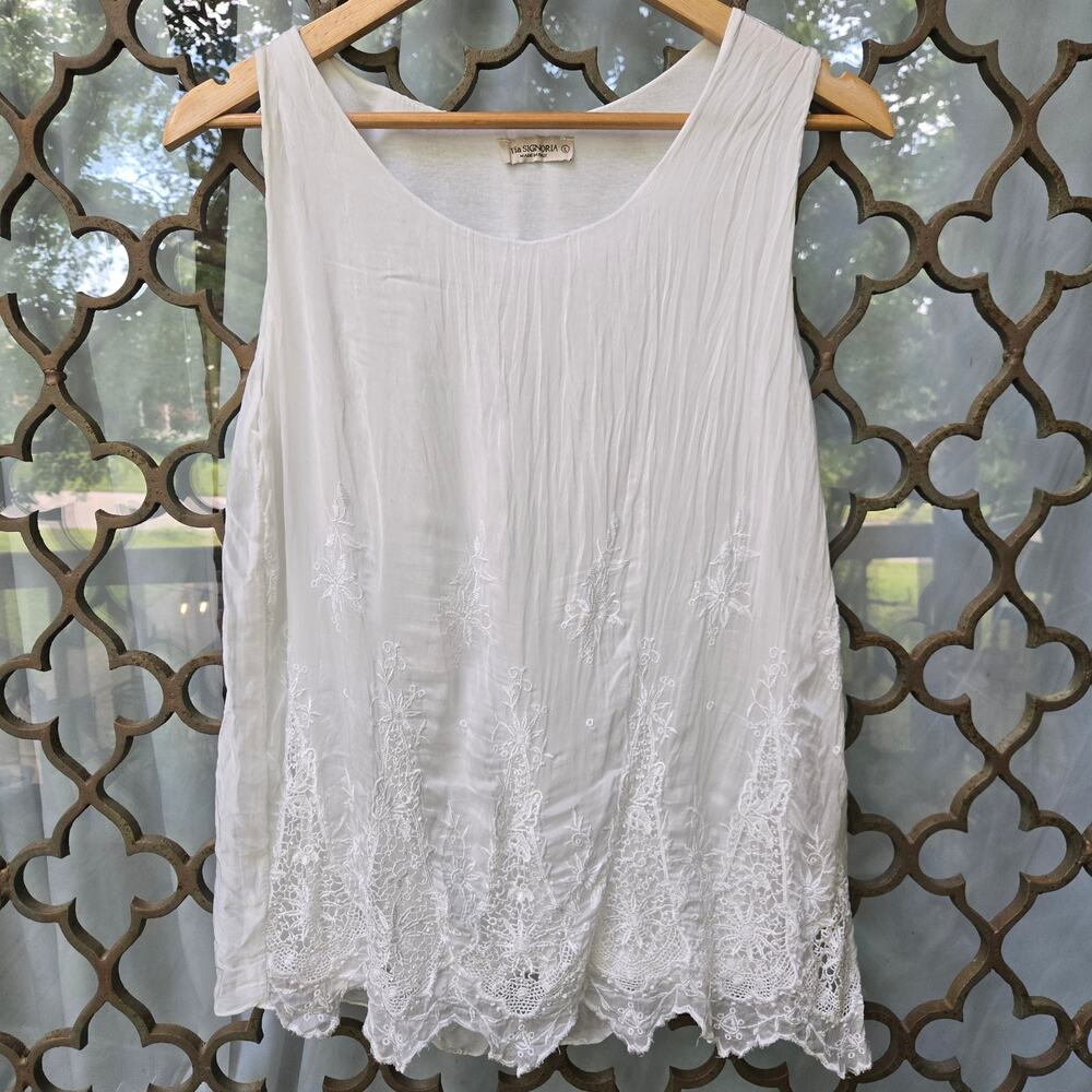 Via Signoria Womens Y2K 100% Silk Floral Embroidered White Tank Top L Italy Boho